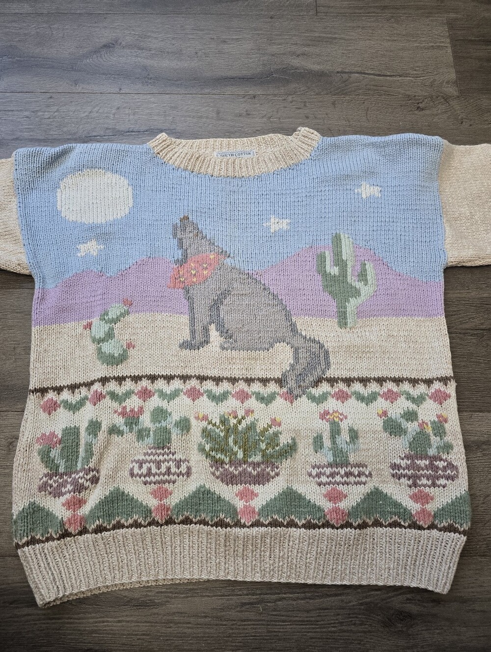 1990's South Cotton Hand Knitted Sweater Coyote Southwest Cottagecore Cabin - Picture 2 of 12